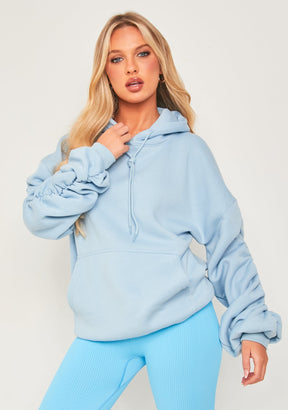 Pastel Blue Oversized Ruched Sleeve Hoodie