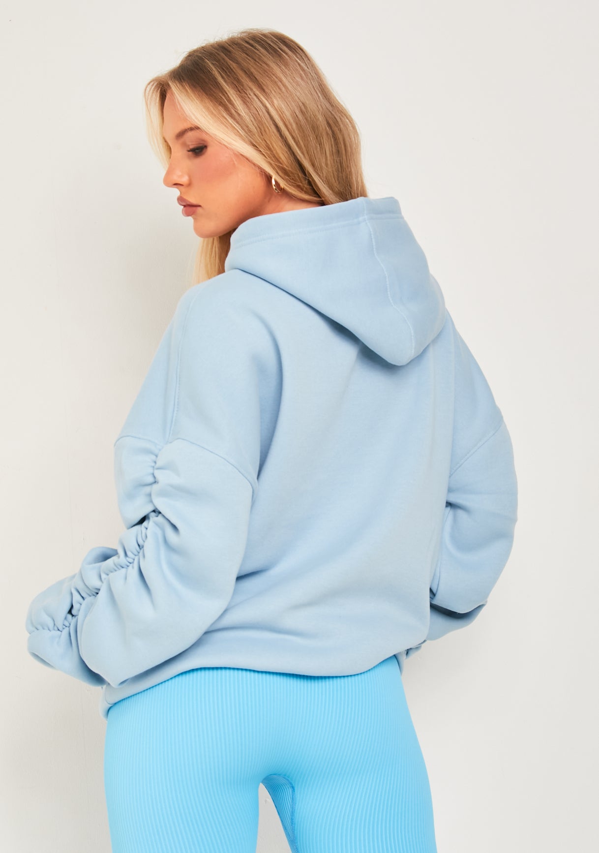 Pastel Blue Oversized Ruched Sleeve Hoodie